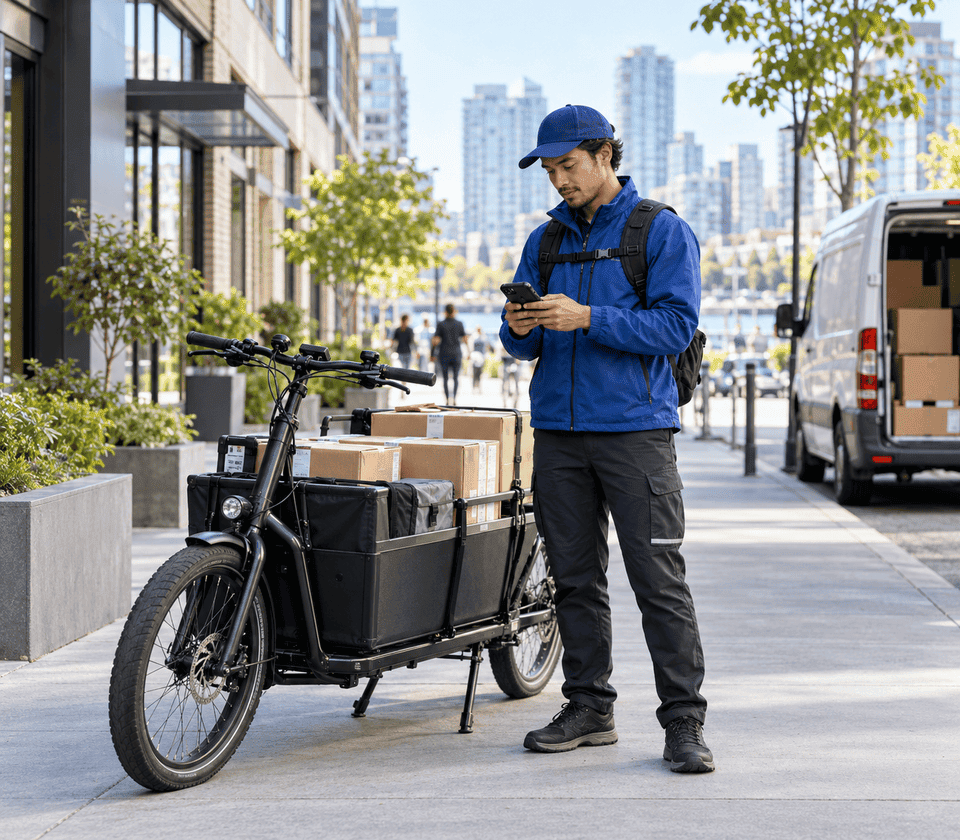 Delivery worker checking a handheld device beside a cargo bike on a city delivery route