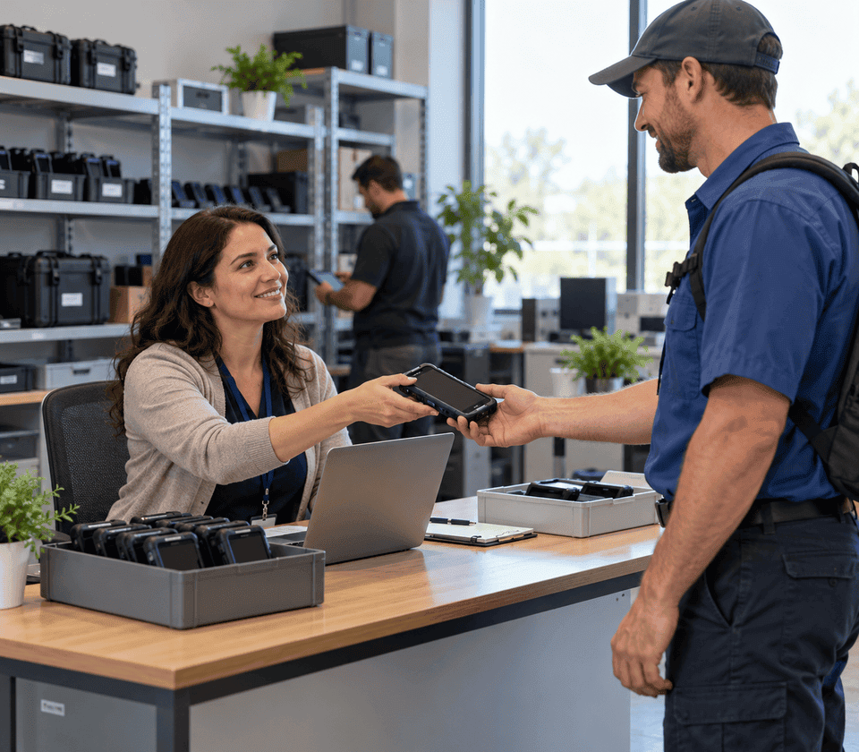 IT coordinator handing a managed device to a field worker at an equipment check-in desk