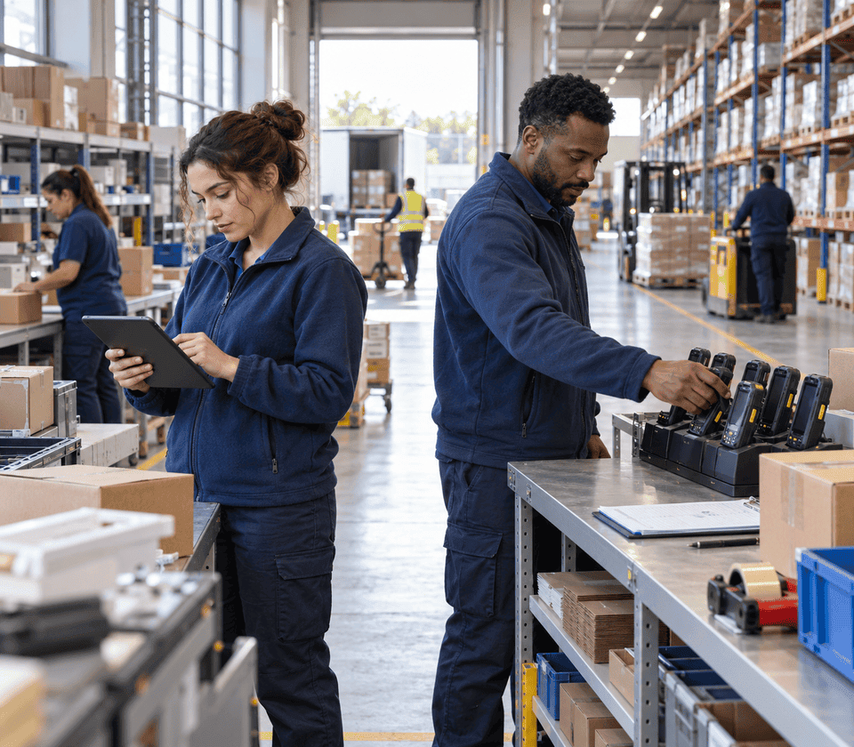 Warehouse team checking a tablet and collecting handheld scanners before the next shift