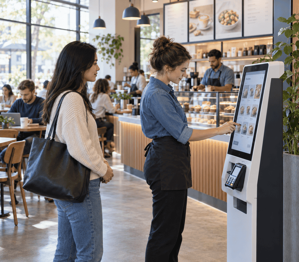 Cafe staff checking a self-service ordering kiosk while a customer waits