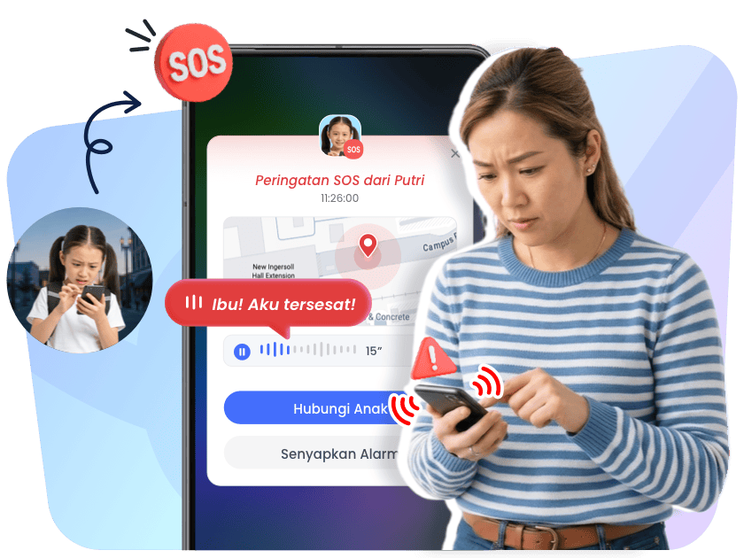 Orang tua menerima peringatan SOS anak dengan lokasi langsung dan audio 15 detik di AirDroid Parental Control