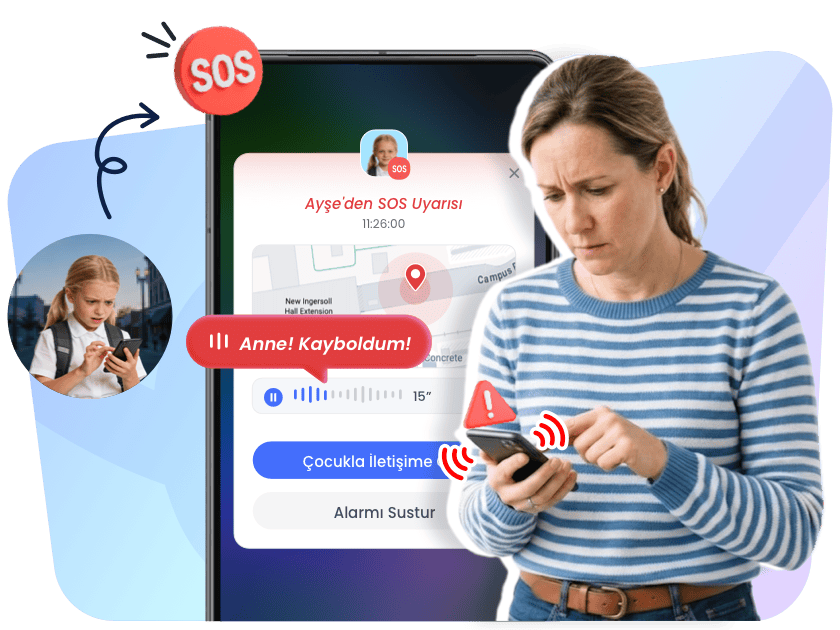 Ebeveynin AirDroid Parental Control'de çocuğun canlı konumu ve 15 saniyelik sesiyle bir SOS uyarısı alması
